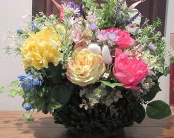 Moss Basket Flower Garden of Roses, Peonies, Hydrangeas and Wildflowers for table decor or centerpiece.