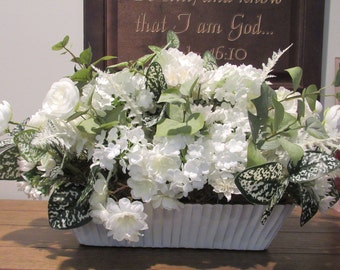 White Flower Garden Centerpiece or Window Decor of White Roses, Hydrangea and Wildflower in a Ceramic Low Long container.