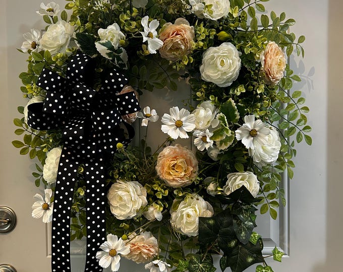 Featured listing image: Garden Path Pink and White Rose Door Wreath, Wall Wreath with Premium Ribbon Hand Tied Bow