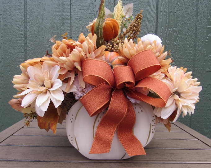 Featured listing image: Pun'kin Pie For the Eye Harvest Floral Arrangement in Metallic Pumpkin Container