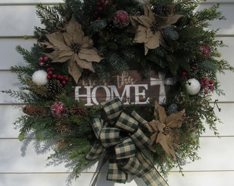 WinterEvergreen Wreath with Poinsettias and Handtied Bow, Bless this Home Wreath, Door Wreath, Fireplace Wreath