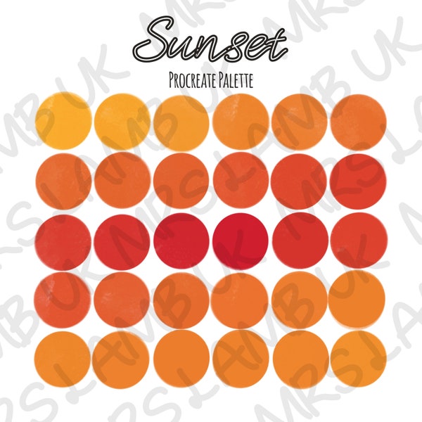 Procreate Colour Palette, swatches File, For iPad lettering, digital journal planner Sunset Oranges & Reds