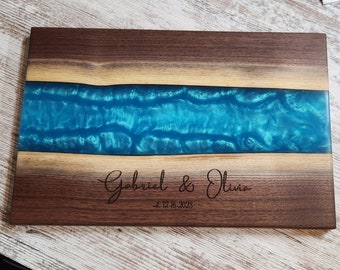 Personalized Live Edge Walnut Epoxy Resin Cutting Board, Custom Engraved Charcuterie River Serving Tray Wedding Christmas