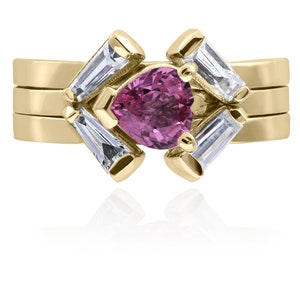 Pink Sapphire Ring / 14K Gold Wedding Set / Sapphire Engagement Ring Gold / Heart Shape Ring / Diamond Halo Ring / Diamond Baguette Ring