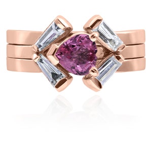 Sapphire Engagement Ring / Pink Sapphire Ring / 14K Rose Gold Wedding Set / Diamond Halo Ring / Nontraditional Engagement Ring / Unique Ring