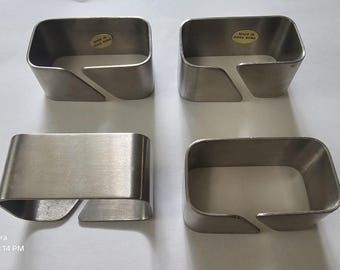 Vintage Stainless Steel Rectangle Napkin Rings Set of 4, Mid Century Modern Metal Napkin Holders, Made in Hong Kong Retro Dining Tablescape