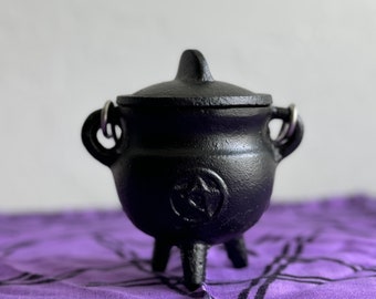 May include: A small black cast iron cauldron with a lid and three legs. The cauldron has a pentagram design on the front.