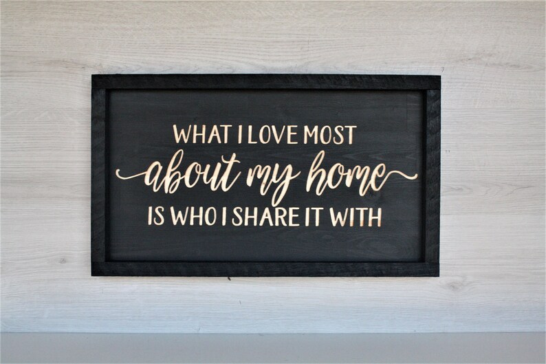 What I love most about my home is who I share it with Farmhouse sign inspirational sign Rustic wooden sign rustic wall d\u00e9cor