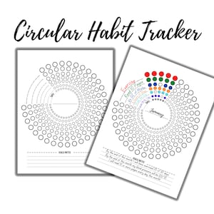 May include: A black and white circular habit tracker with a colorful ring around the center. The tracker is divided into 31 sections, each with a circle to color in. The tracker is labeled "January" and includes the following habits: Exercise, Read 10 Pages, 6 oz of Water. There is a space for goal notes.