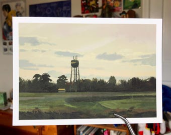 water tower painting 5x7 matte art print | landscape | midwest americana
