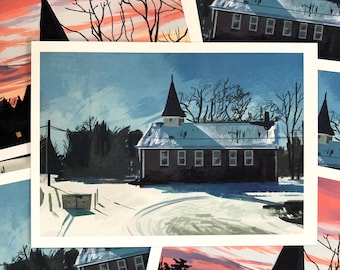 Church winter / sunset painting 5x7 matte art print