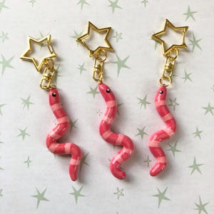 Cute worm keychain charm pink stripes (Polymer Clay, Handmade)