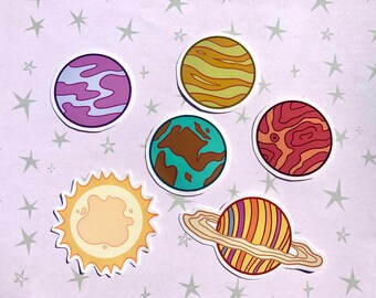 Outer Space Planets and Sun Sticker Pack [ 6 vinyl stickers ] celestial , solar system