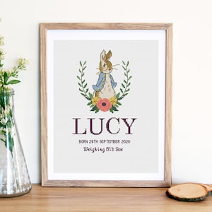 Beatrix potter birth sampler - cross stitch pattern - Peter rabbit wreath