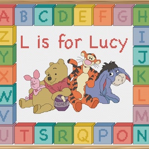 Winnie the pooh and friends cross stitch pattern, personalised baby names