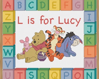Winnie the pooh and friends cross stitch pattern, personalised baby names