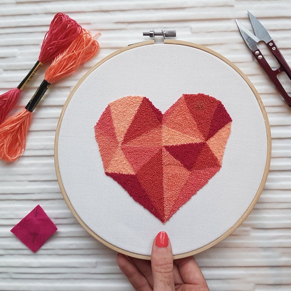 geometric heart punch needle pattern