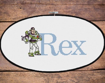 Disneys Buzz Lightyear - babys name - personalised cross stitch pattern with alphabet