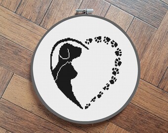 dog and cat in heart cross stitch pattern