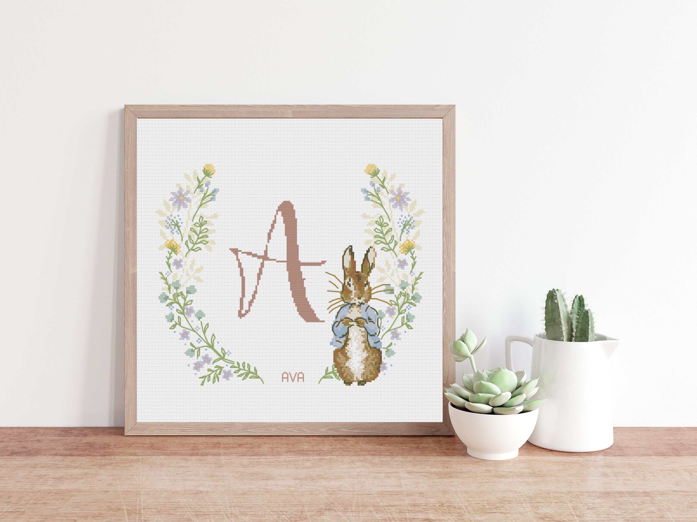 Peter rabbit 2 wreath - baby name - baby decor - cross stitch pattern