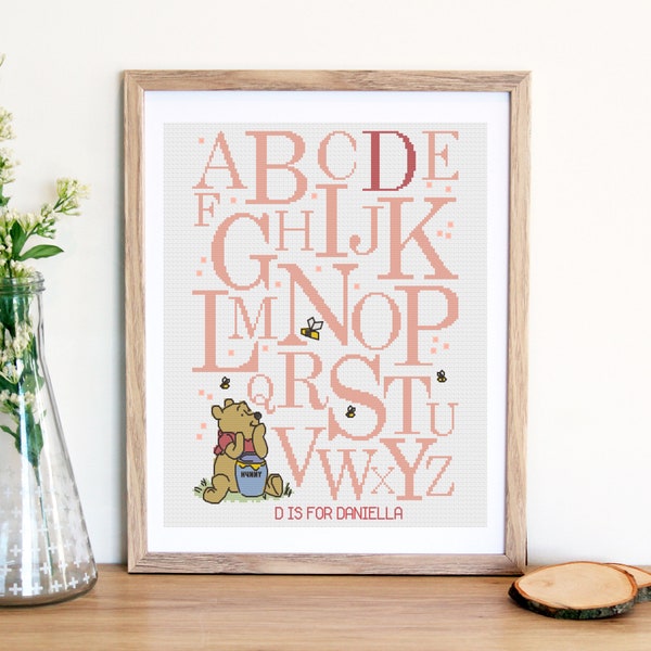 winnie the pooh - baby name pink - cross stitch pattern