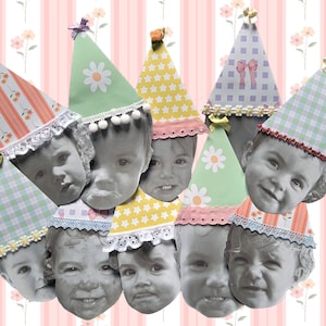 Könnte beinhalten: Eine Collage von Kindergesichtern mit Partyhüten. Die Hüte sind mit verschiedenen Mustern verziert, darunter Streifen, Vichy-Karo und Blumendesigns. Der Hintergrund zeigt ein rosa-weiß gestreiftes Muster mit floralen Akzenten.