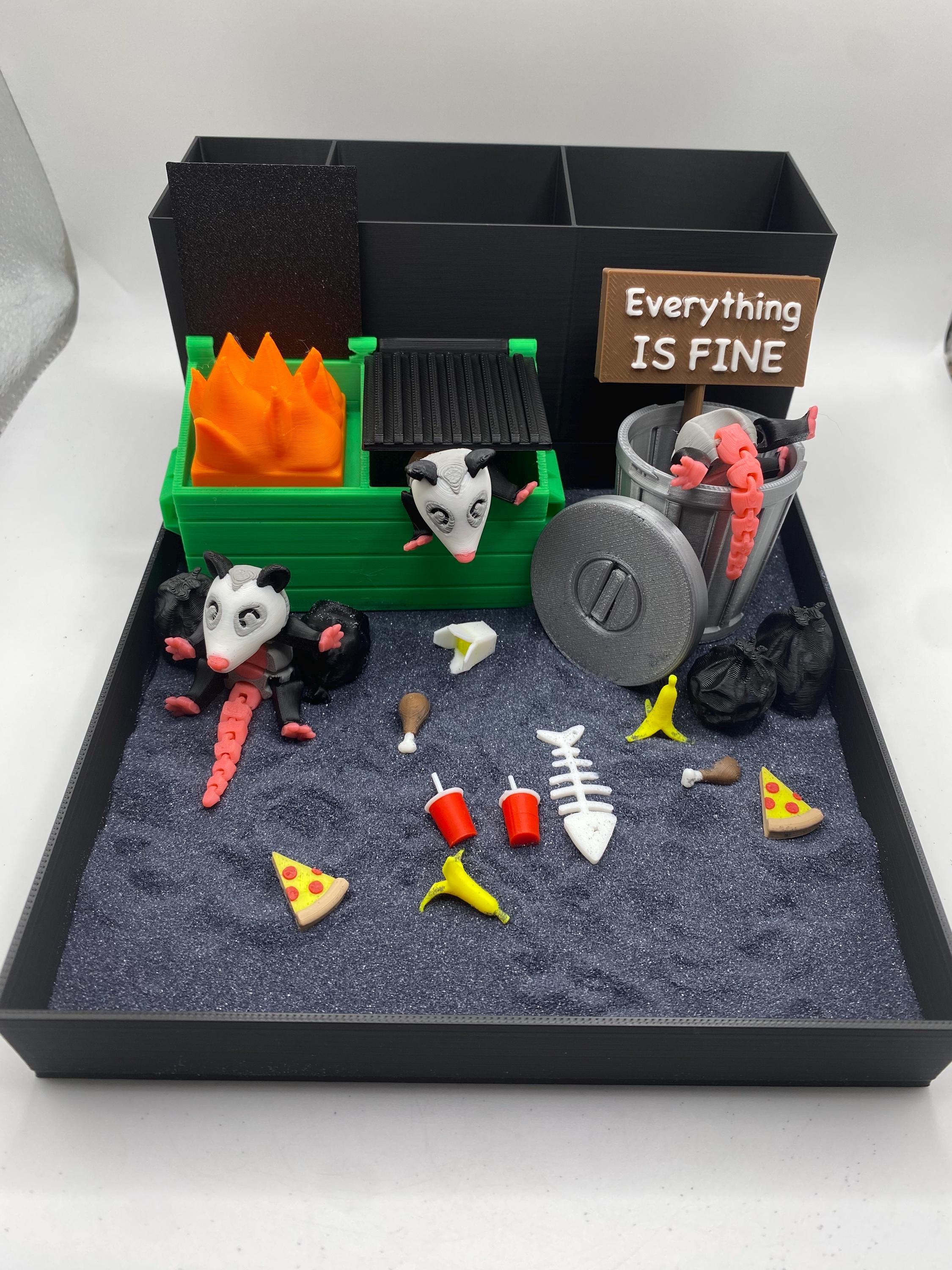 Opossum Dumpster Fire Zen Garden, Mini Desk Decor, Sensory Calming