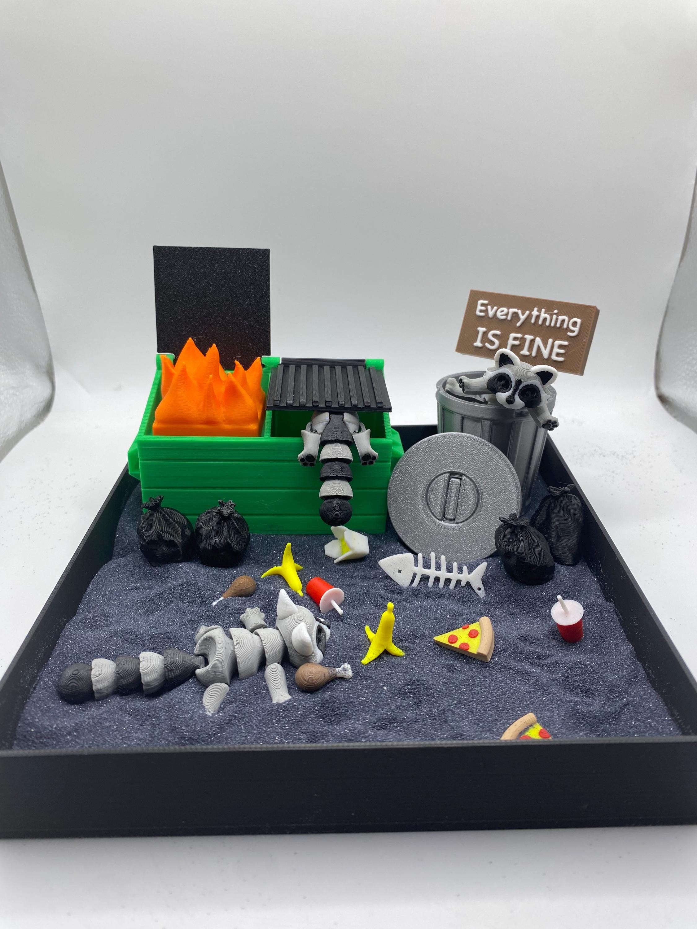 Raccoon Dumpster Fire Zen Garden, Mini Desk Decor, Sensory Calming