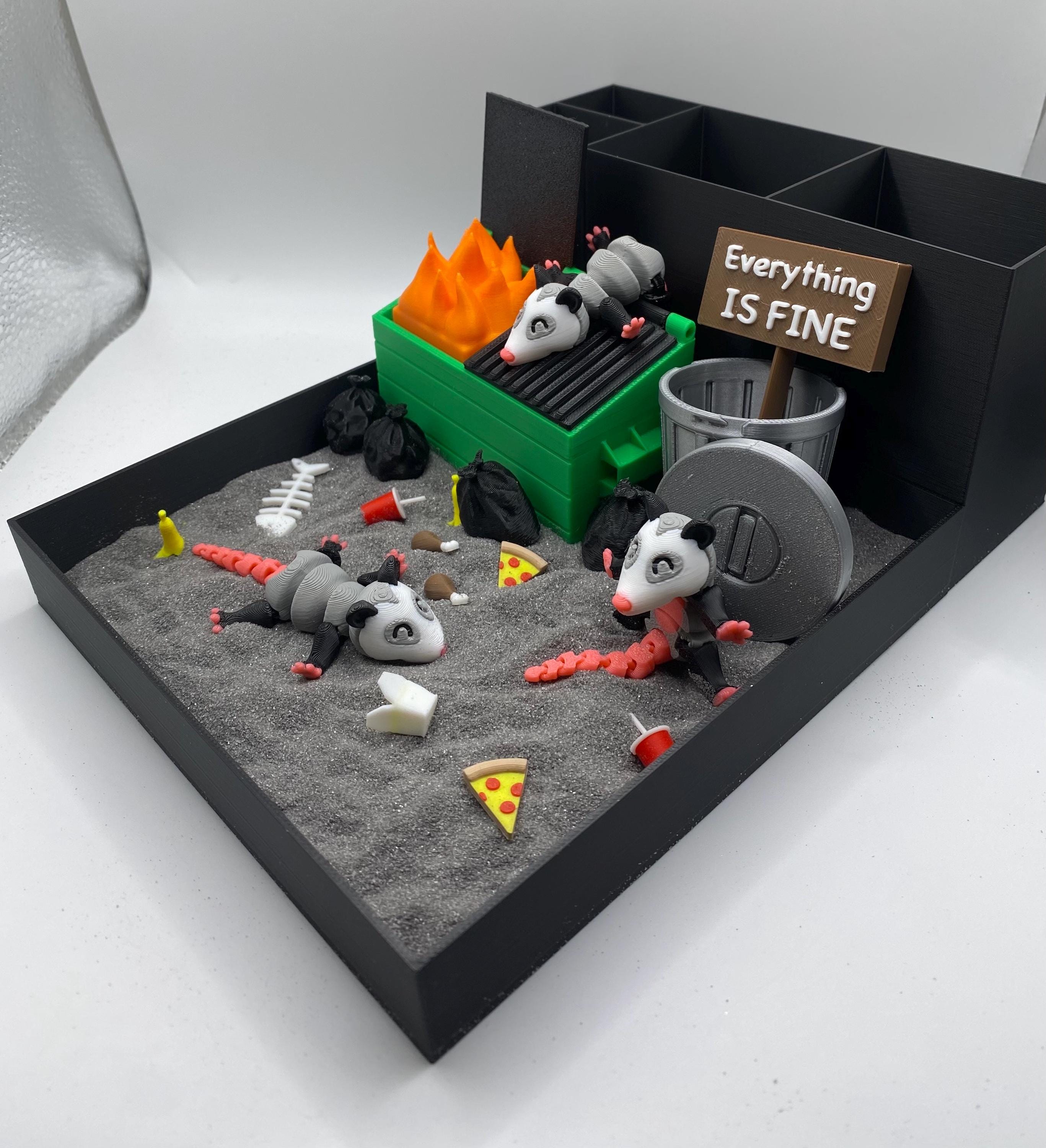 Opossum Dumpster Fire Zen Garden, Mini Desk Decor, Sensory Calming