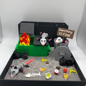 Opossum Dumpster Fire Zen Garden, Mini Desk Decor, Sensory Calming Sand Garden for Desk, Fidget Stress Relief, Office Decor