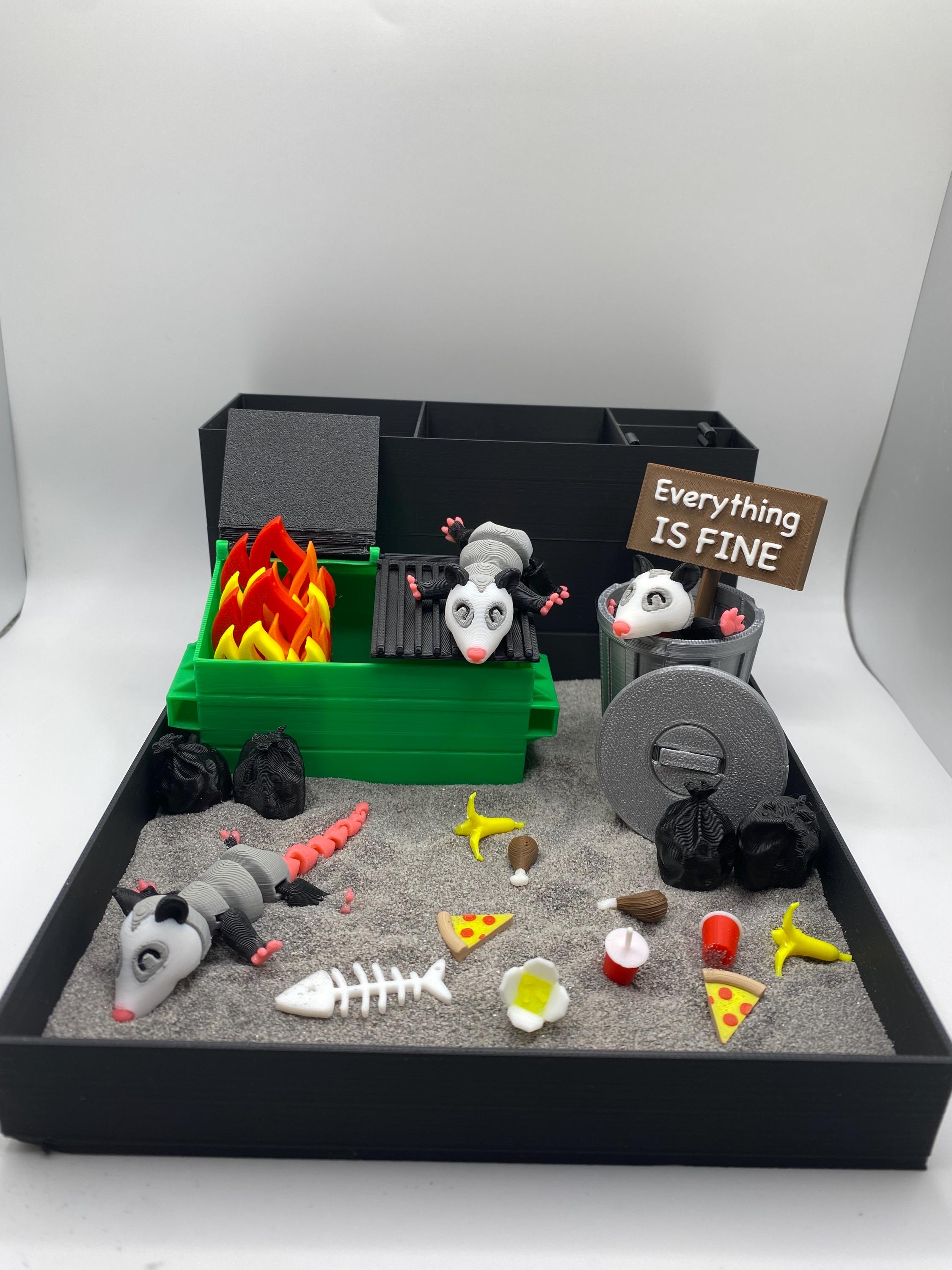 Opossum Dumpster Fire Zen Garden, Mini Desk Decor, Sensory Calming