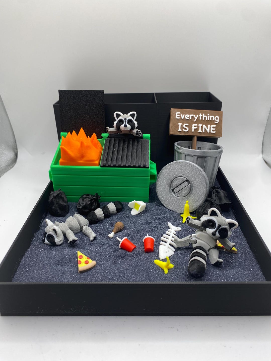 Raccoon Dumpster Fire Zen Garden, Mini Desk Decor, Sensory Calming