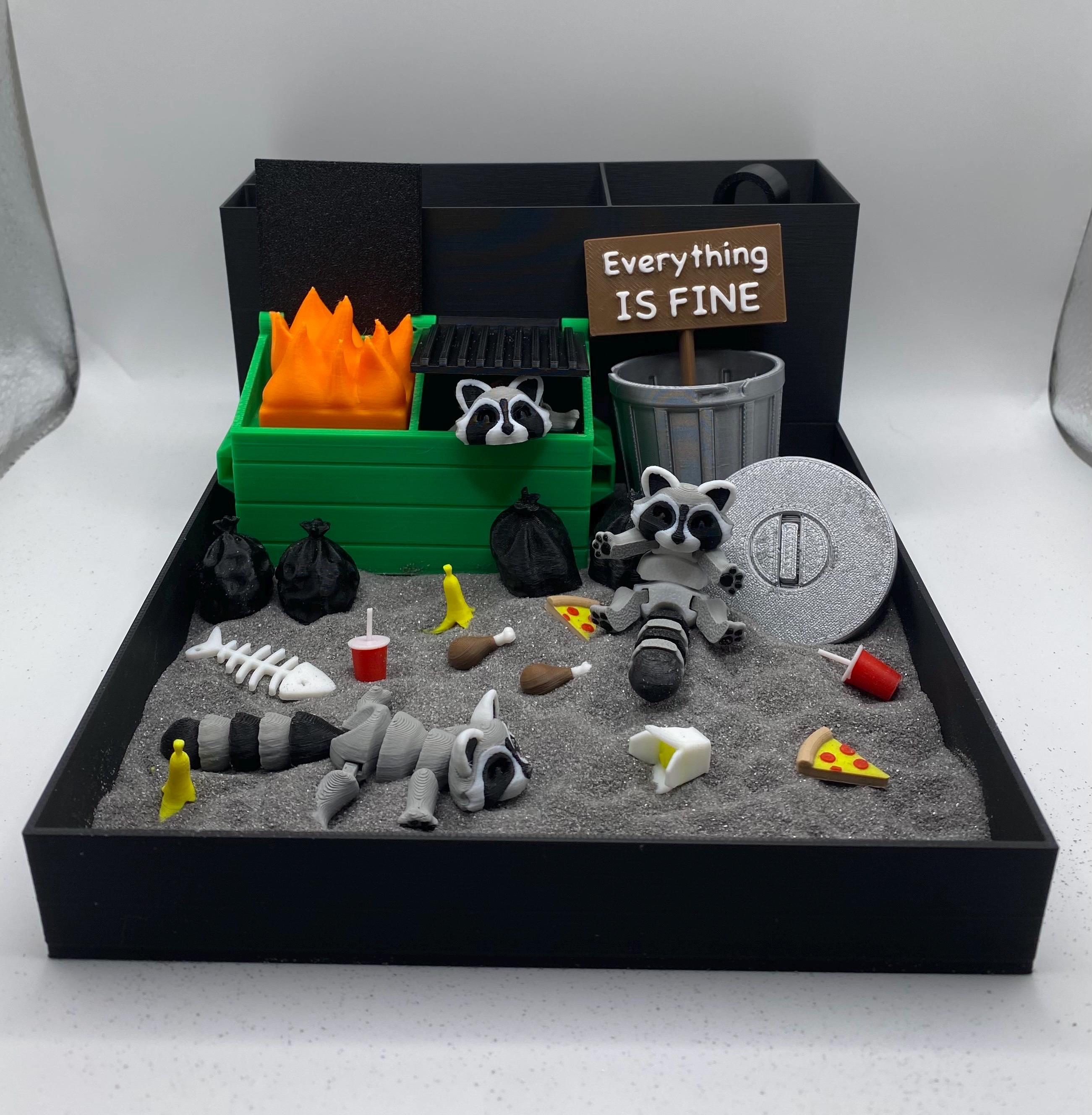 Raccoon Dumpster Fire Zen Garden, Mini Desk Decor, Sensory Calming