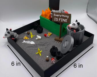 Opossum Dumpster Fire Zen Garden, Mini Desk Decor, Sensory Calming