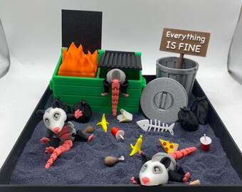 Opossum Dumpster Fire Zen Garden, Mini Desk Decor, Sensory Calming