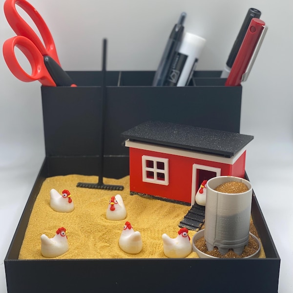 Miniaturowy ogród zen z kurczakiem, miniaturowa dekoracja biurka, sensoryczny, uspokajający ogród z piasku na biurko, pomoc w łagodzeniu stresu, wystrój biura