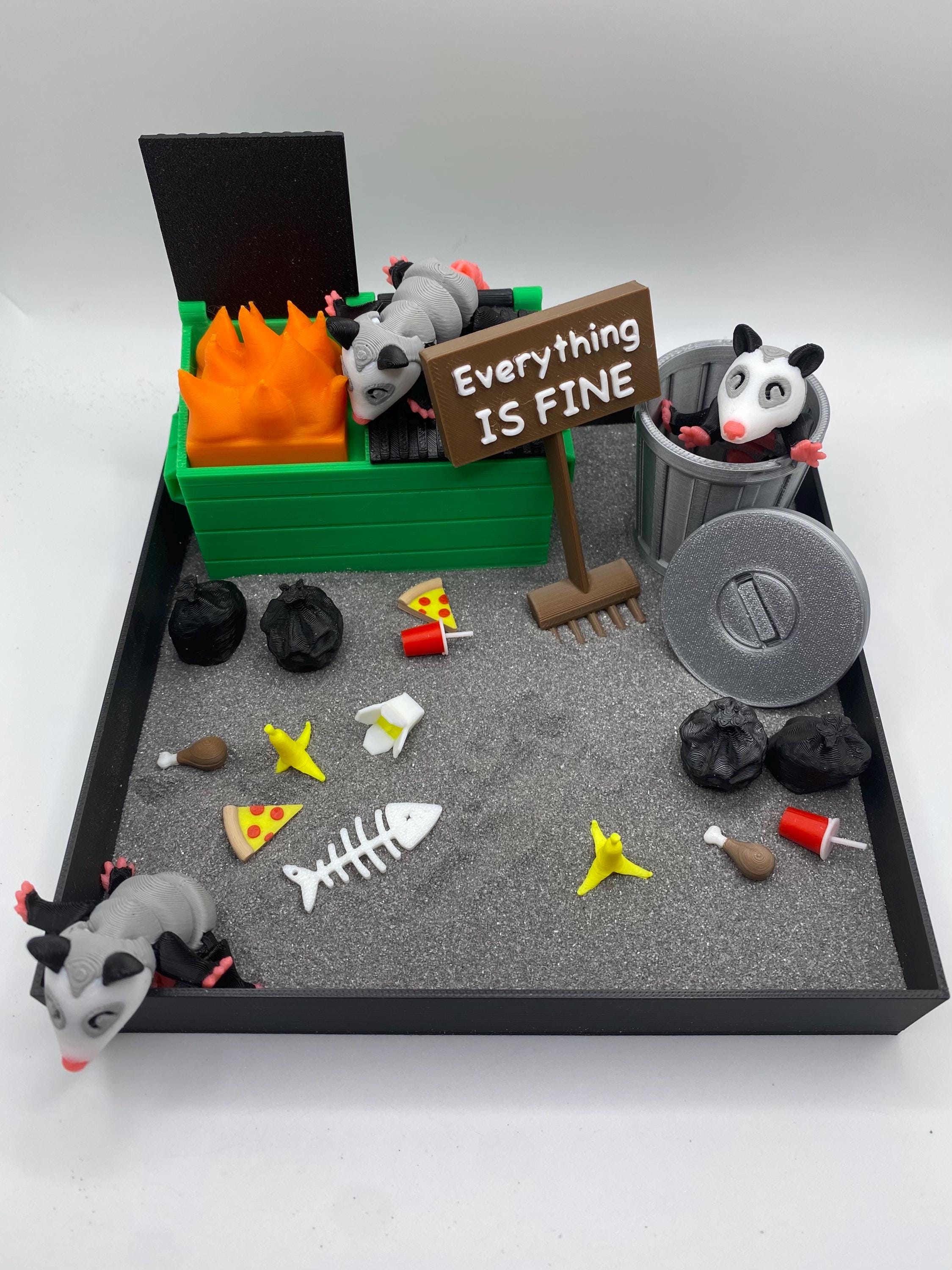 Opossum Dumpster Fire Zen Garden, Mini Desk Decor, Sensory Calming