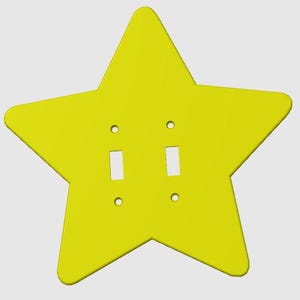 May include: A bright yellow star-shaped double light switch wall plate cover. The plate features two rectangular cutouts for toggle switches and four small circular holes for mounting screws, arranged symmetrically across the center of the star.
