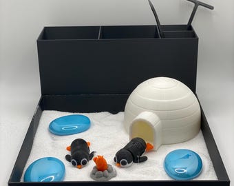 Penguin Zen Garden, Mini Desk Decor, Sensory Calming Sand Garden for Desk, Fidget Stress Relief, Office Decor