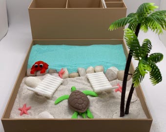 Caribbean Beach Zen Garden, Mini Desk Decor, Sensory Calming Sand Garden for Desk, Fidget Stress Relief, Office Decor