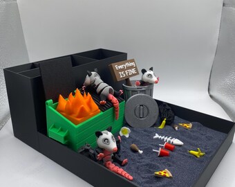 Opossum Dumpster Fire Zen Garden, Mini Desk Decor, Sensory Calming