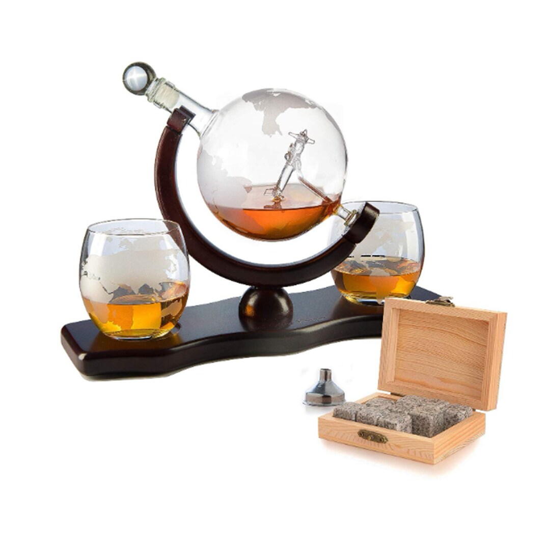 Etched World Decanter Whiskey Globe Whiskey Gift Set Globe Etsy