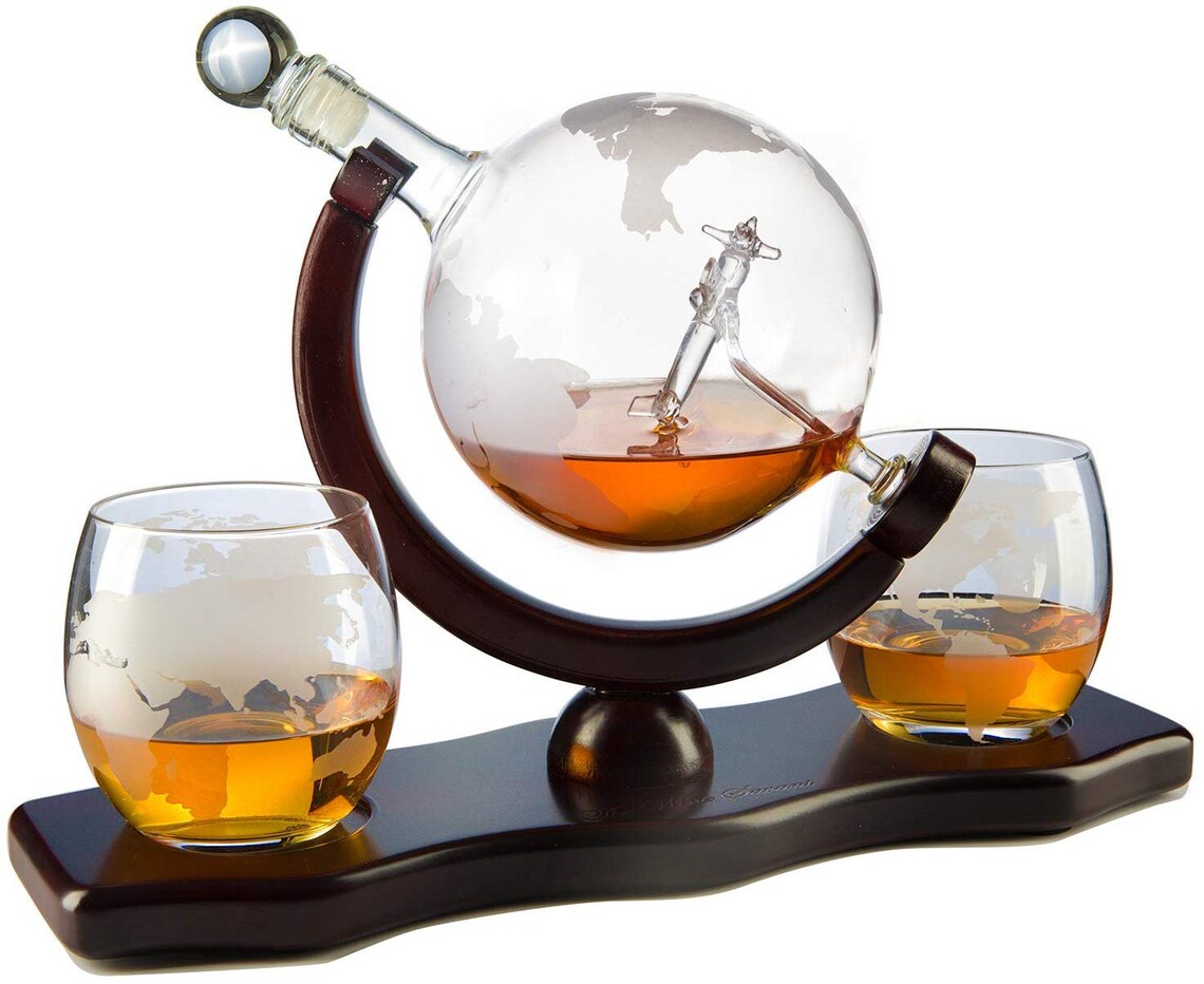 Etched World Decanter Whiskey Globe Whiskey Gift Set Globe Etsy