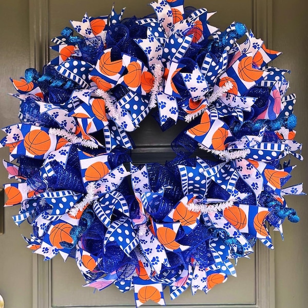 Wildcat Basketball Mesh Wreath - Blue and White University of Kentucky Front Door Decor