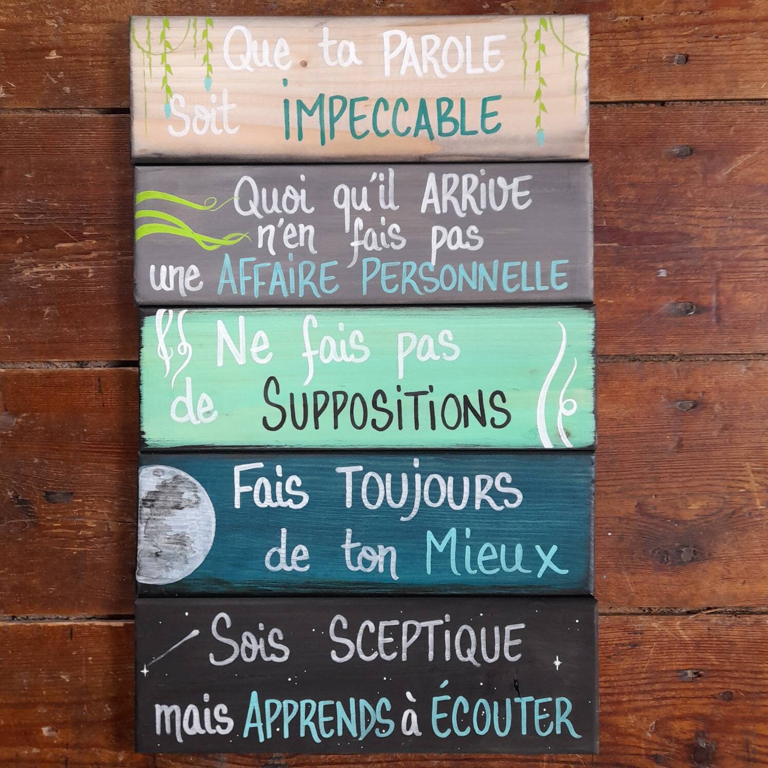 Les 5 Accords Toltèques, Décoration Murale, Peinture sur Bois