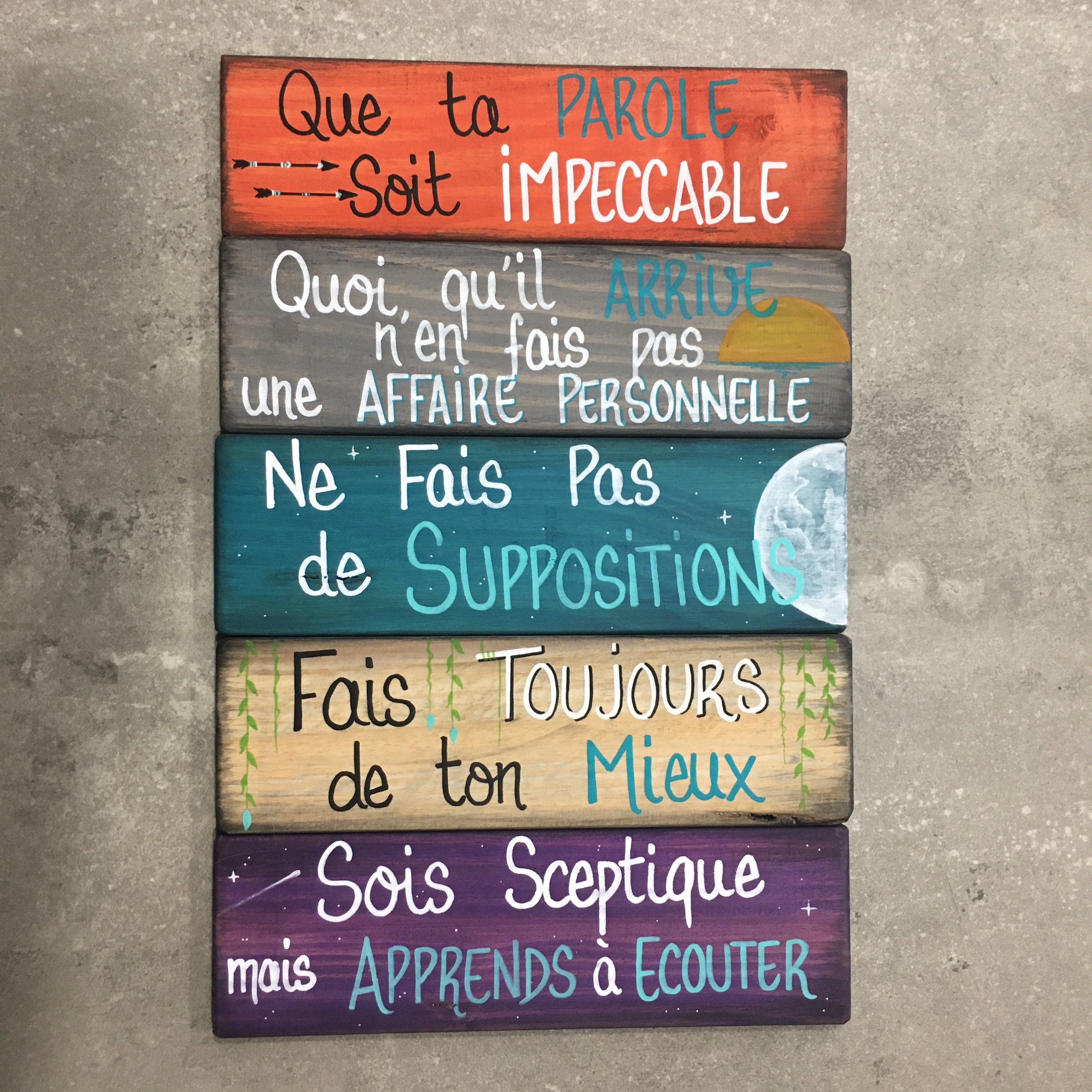 Les 5 Accords Toltèques, Peinture sur Bois, Décoration Murale