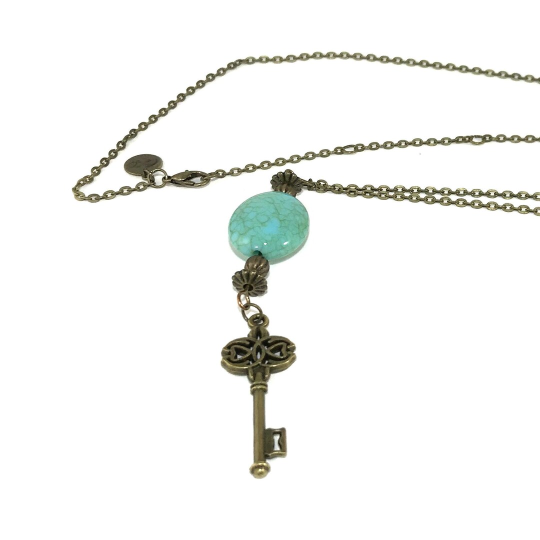 Turquoise and Antique Bronze Key Necklace Etsy