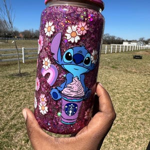 Pink and Purple Character Glitter Glass Mug w/ Decorated Lid| Custom Beer Can Glass  Bamboo Lid & Straw, Libby Glass