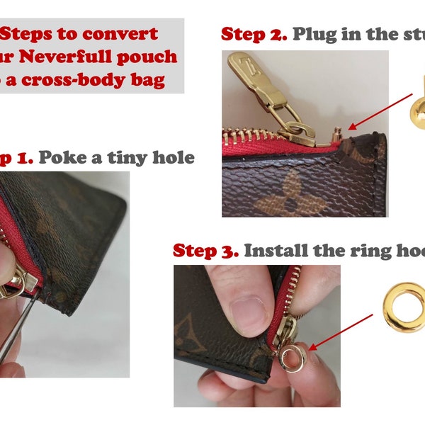 Neverfull Pochette Pouch Ring Hook and Gold Chain Strap, GM MM PM, Convert Zip Pouch to Cross Body Bag Purse, Clasps Clips Claw