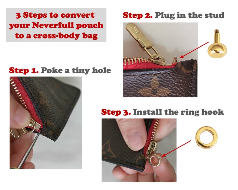 Clasps Clips Claw Convert Zip Pouch to Cross Body Bag Purse GM MM PM Neverfull Pochette Pouch Ring Hook and Gold Chain Strap